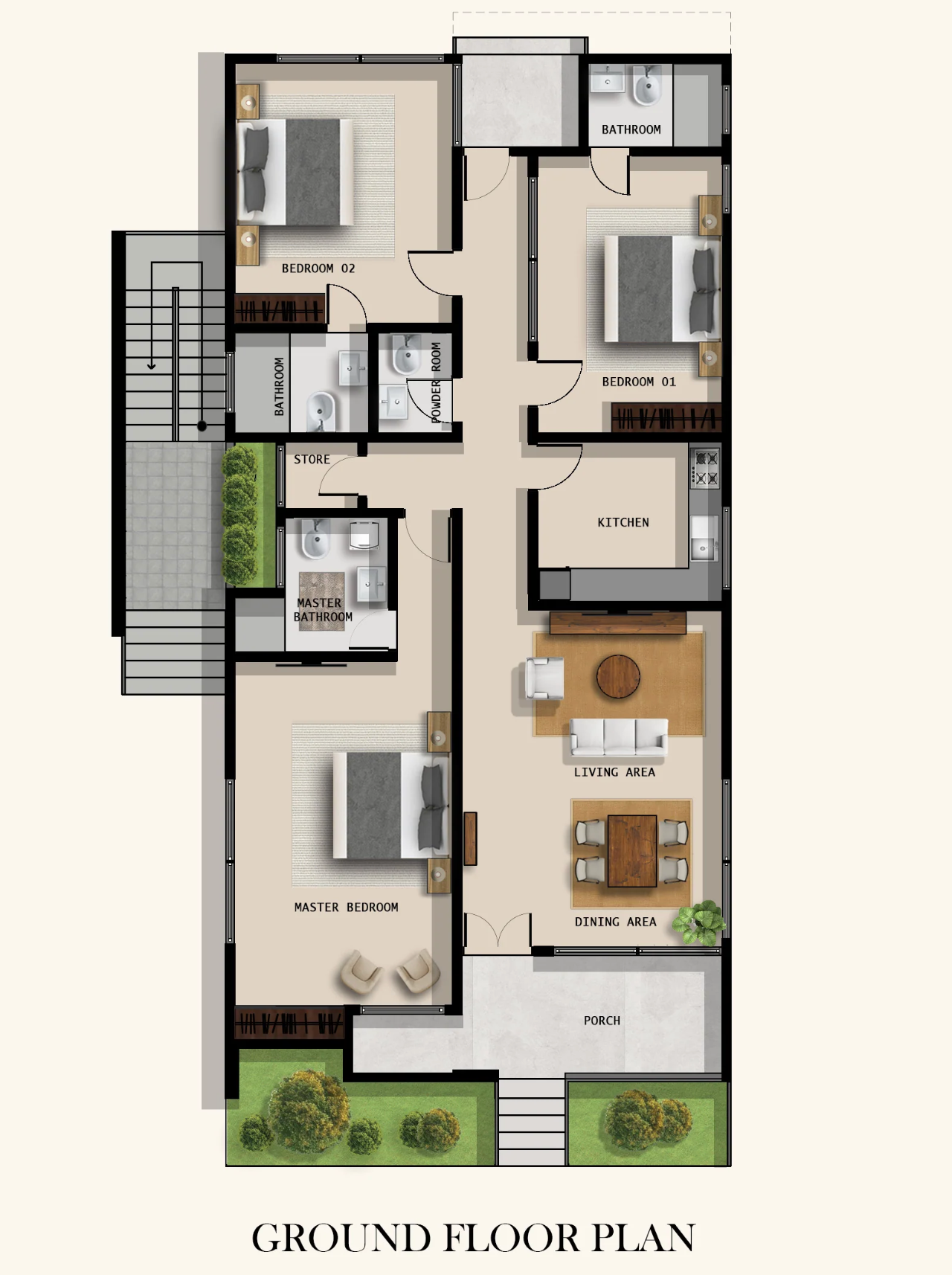 Ground floor plan of the three-bedroom apartment